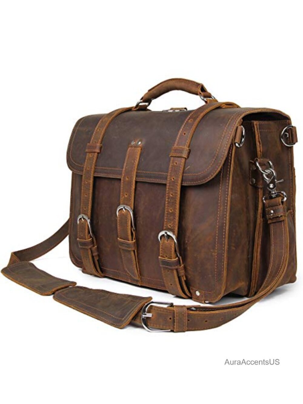 Full Grain Leather 16" Briefcase Messenger Bag Fits 15.6" Laptop